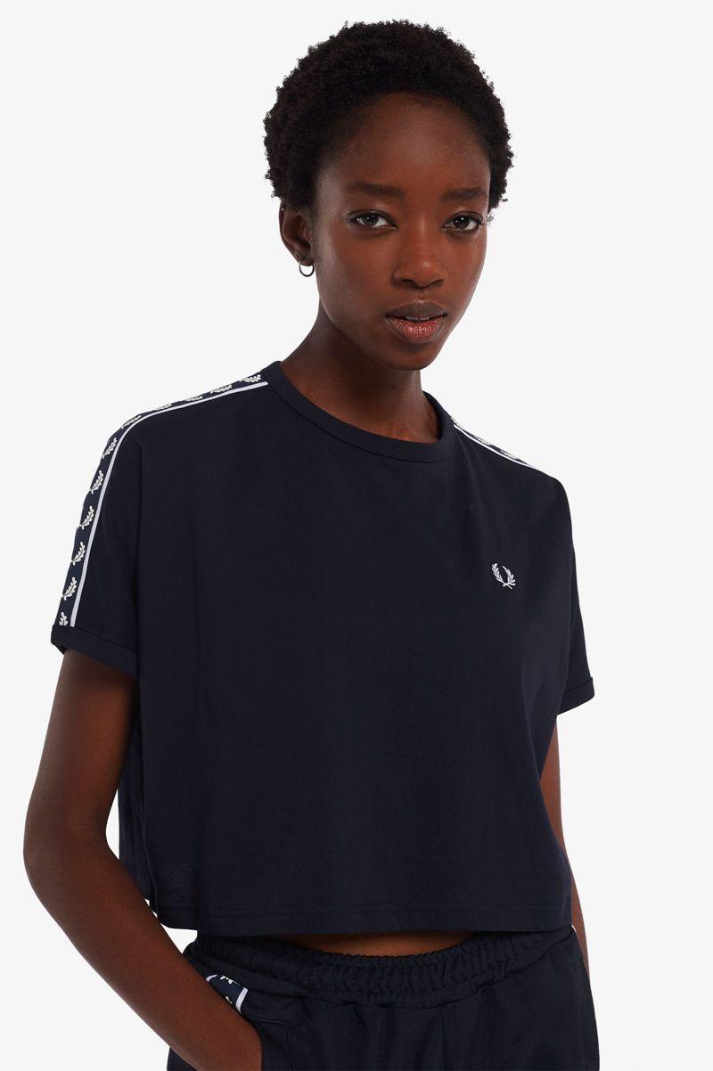 Navy Fred Perry Cropped Taped Ringer Women's T Shirts | PH 2032QMAZ